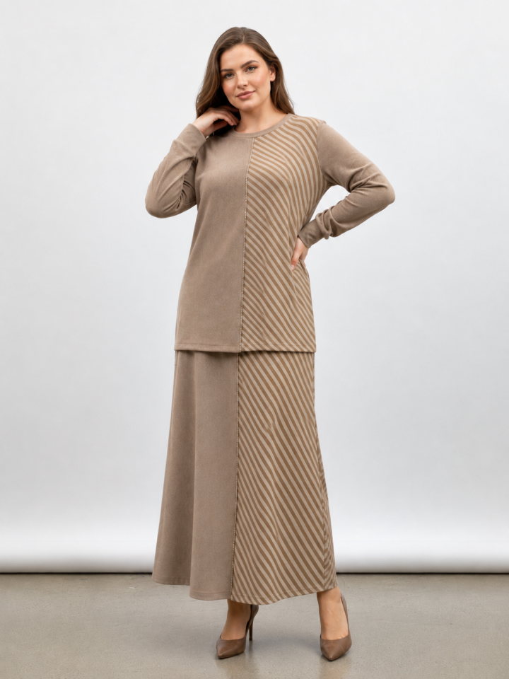 161-TE-M26K_R024 ÇİZGİLİ BAMBU MODAL TUNİK ETEK TAKIM #10-25#