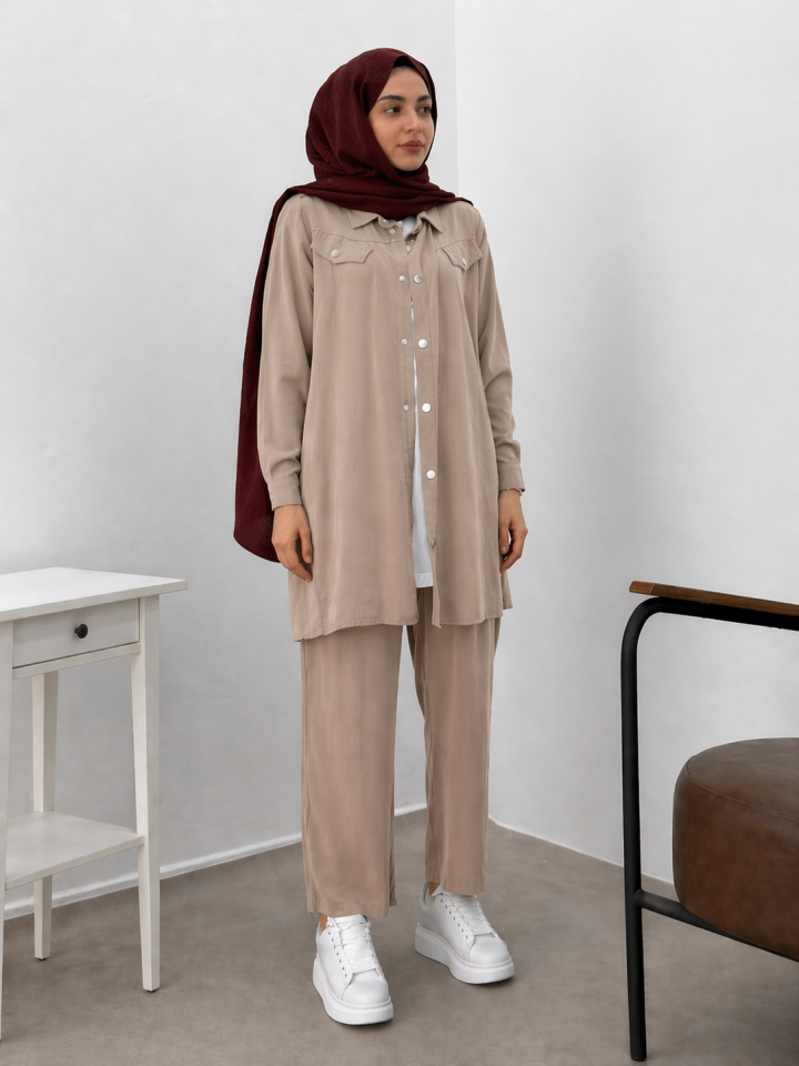 10384 İÇİ YARIM KOL DIŞ TUNİK ÖNÜ ÇITÇITLI CEP GÖRÜNÜMLÜ PANTALONLU SPOR İKİLİ TAKIM #26# 44 - VİZON