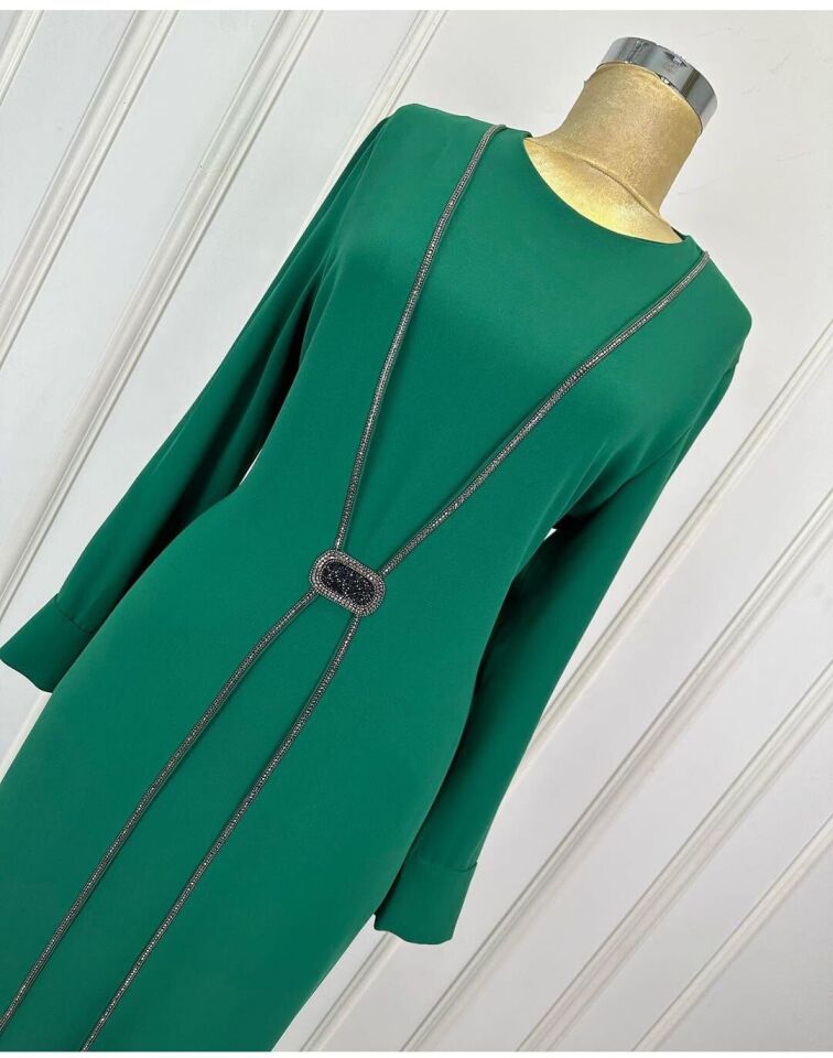 2840 ÖNÜ TAŞLI KAFTAN TARZ ELBİSE QYS ELBİSE 2840 #24-033 48 - yeşil