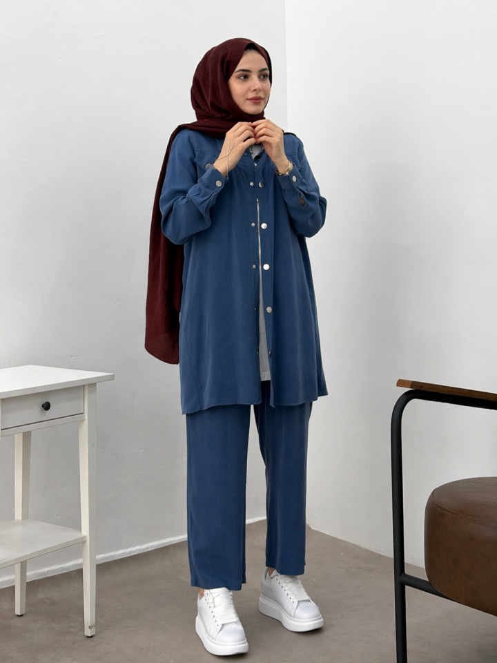10384 İÇİ YARIM KOL DIŞ TUNİK ÖNÜ ÇITÇITLI CEP GÖRÜNÜMLÜ PANTALONLU SPOR İKİLİ TAKIM #26# 46 - MAVİ