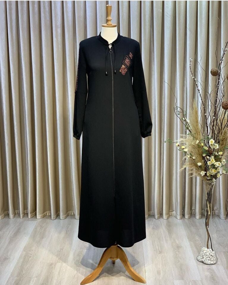 3052GÖĞSÜ VE KOLLARI TAŞ İŞLEMELİ KOLU LASTİKLİ FERMUARLI FERACE  QYS FERACE 3052 #22-03#