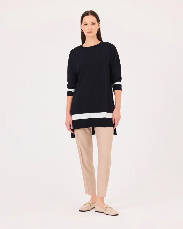 1001 YUVARLAK YAKA ŞERİT DETAYLI TRİKO TUNİK QKS