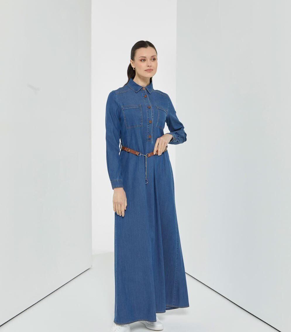 63014 ÖNDEN YARIM DÜĞMELİ ÇİFT CEPLİ A KESİM KOT ELBİSE #03-25#