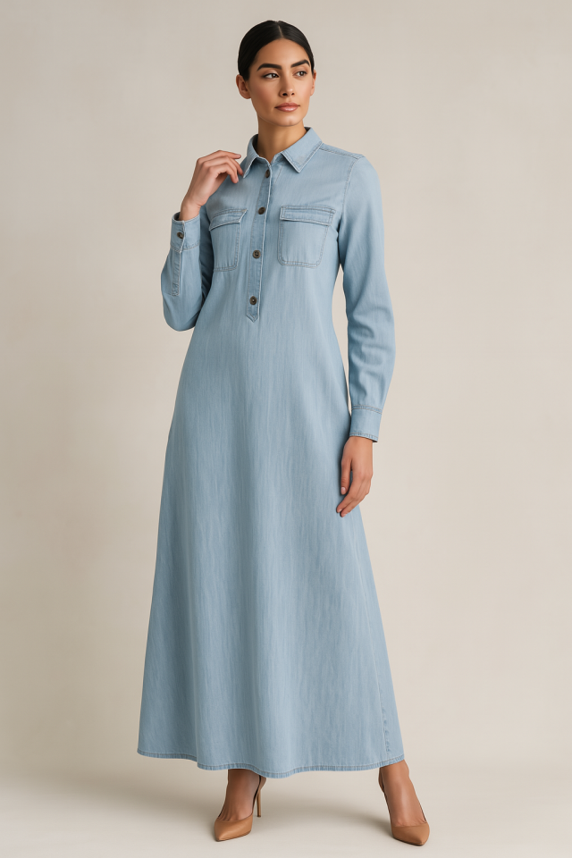 63014 ÖNDEN YARIM DÜĞMELİ ÇİFT CEPLİ A KESİM KOT ELBİSE #03-25#