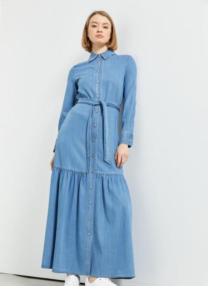 63019 ÖNDEN DÜĞMELİ GÖMLEK YAKA BELİ BAĞLAMALI KOT ELBİSE #03-25#