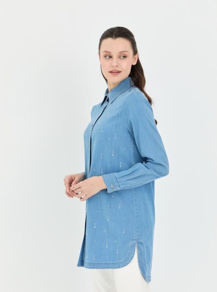 61020 ÖNDEN DÜĞMELİ ÖN KISMI TAŞLI KOLU MANŞETLİ TENSEL TUNİK #03-25#