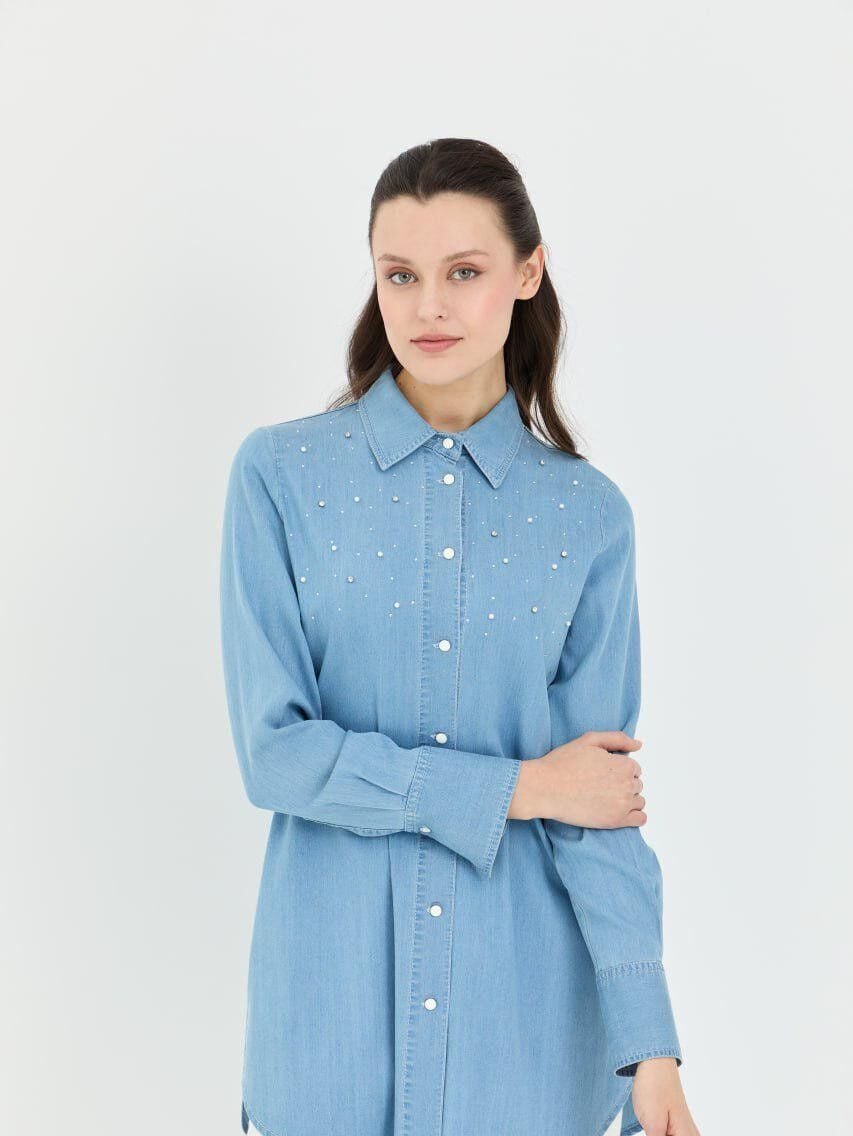 10212 ÖNDEN DÜĞMELİ GÖĞSÜ BONCUKLU VE TAŞLI KOL UCU MANŞETLİ GÖMLEK TUNİK #03-25#