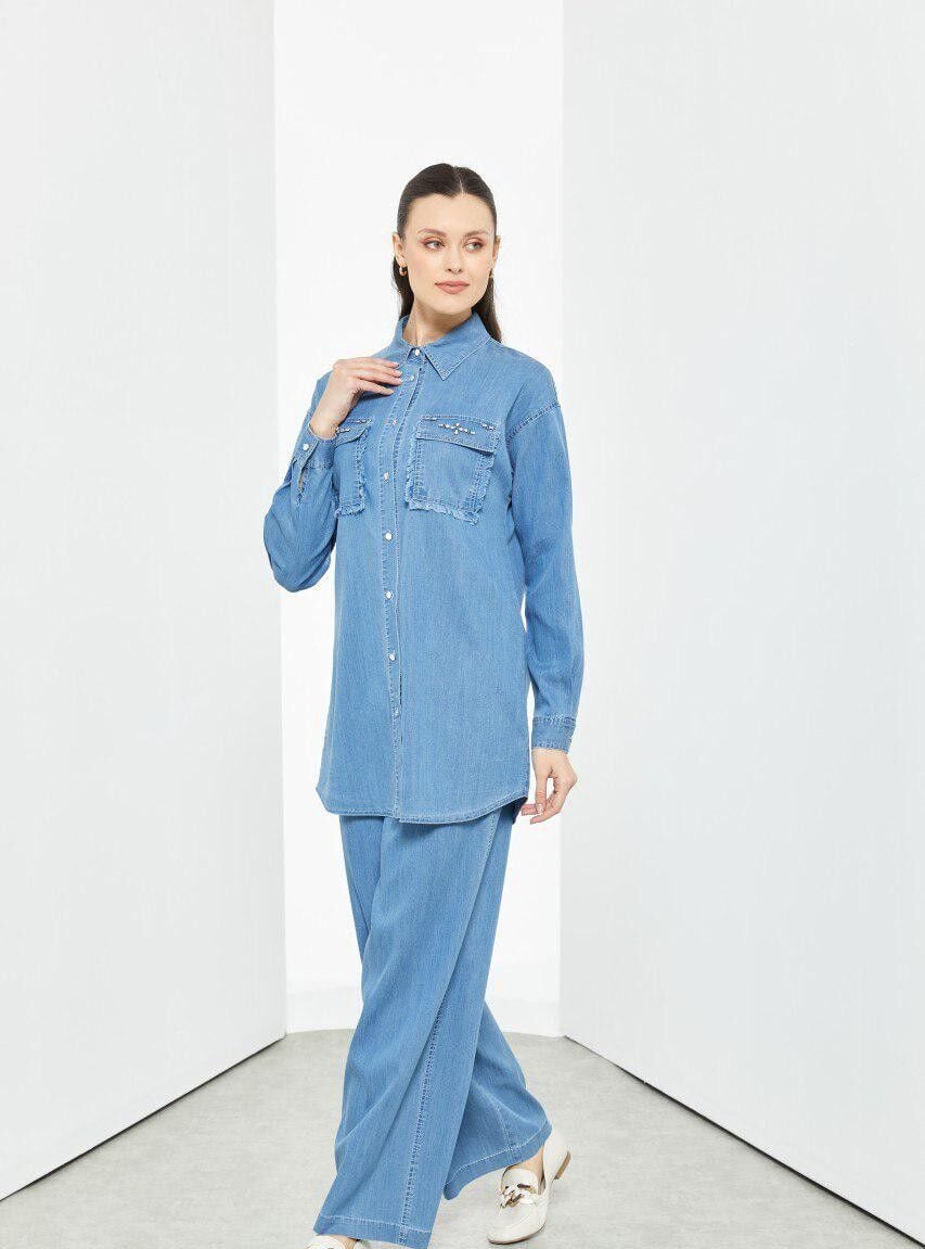 56039 TUNİĞİN ÖNÜ DÜĞMELİ ÖNÜ CEP DETAYLI KOLLARI MANŞETLİ PANTOLONUN BELİ LASTİKLİ BOL PAÇA TENSEL İKİLİ TAKIM #03-25#