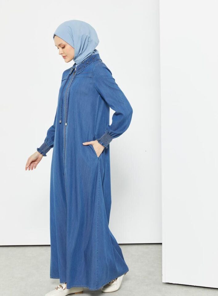 55005 BEBE YAKA YAKASI TAŞLI KOLU LASTİKLİ ÖNDEN FERMUARLI A KESİM TENSEL FERACE #04-25#