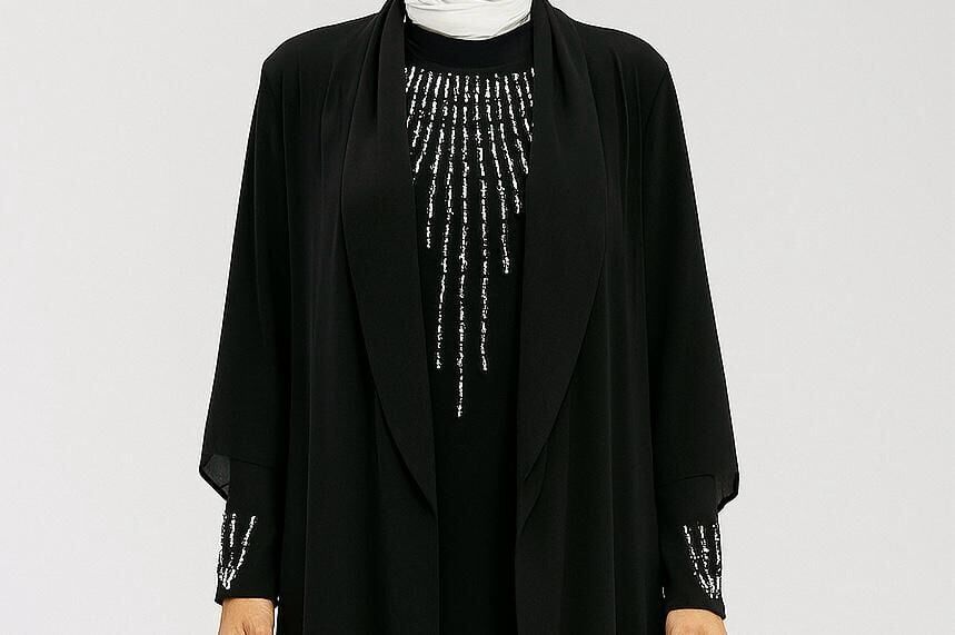 5024 YAKADAN GÖĞÜSE KADAR TAŞ İŞLEMELİ KOL UÇLARI TAŞLI OMUZDAN ÖNÜNE KADAR TÜL DETAYLI ŞIK ABİYE #07-25# 52 - SİYAH