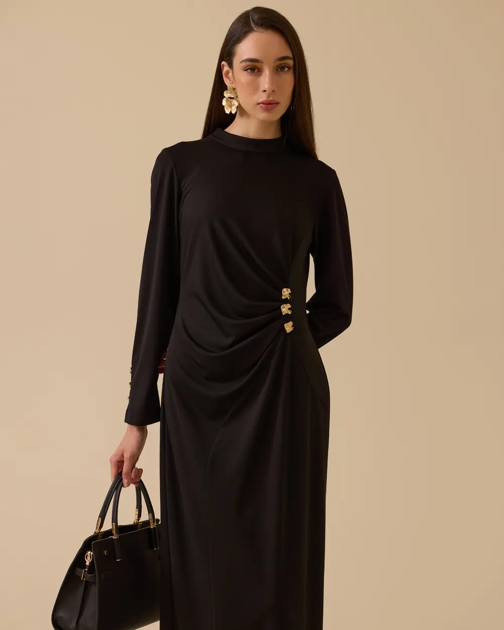 1023 KARINDAN BÜZGÜLÜ KOL UCU DÜĞMELİ SANDY ELBİSE 10002521311023