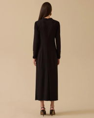 1023 KARINDAN BÜZGÜLÜ KOL UCU DÜĞMELİ SANDY ELBİSE 10002521311023