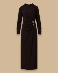 1023 KARINDAN BÜZGÜLÜ KOL UCU DÜĞMELİ SANDY ELBİSE 10002521311023