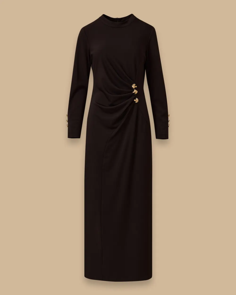 1023 KARINDAN BÜZGÜLÜ KOL UCU DÜĞMELİ SANDY ELBİSE 10002521311023