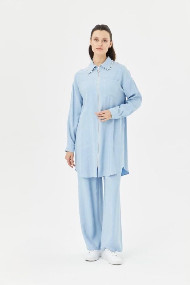 56112 YAKASI İNCİ DETAYLI ÖNDEN FERMUARLI PANTOLONUN BELİ LASTİKLİ SPOR İKİLİ TAKIM #06-25#