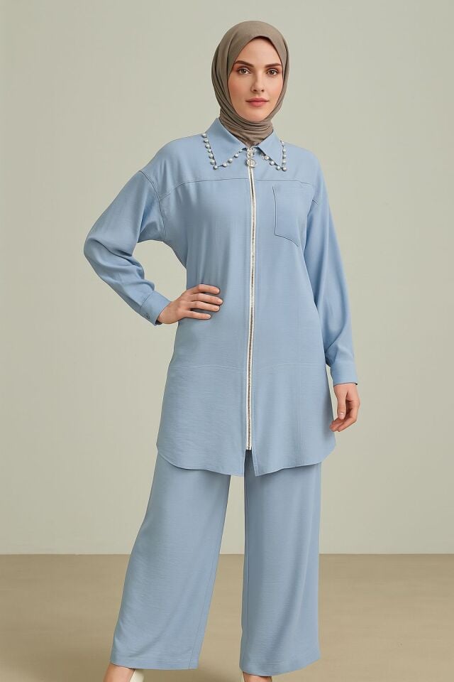 56112 YAKASI İNCİ DETAYLI ÖNDEN FERMUARLI PANTOLONUN BELİ LASTİKLİ SPOR İKİLİ TAKIM #06-25#