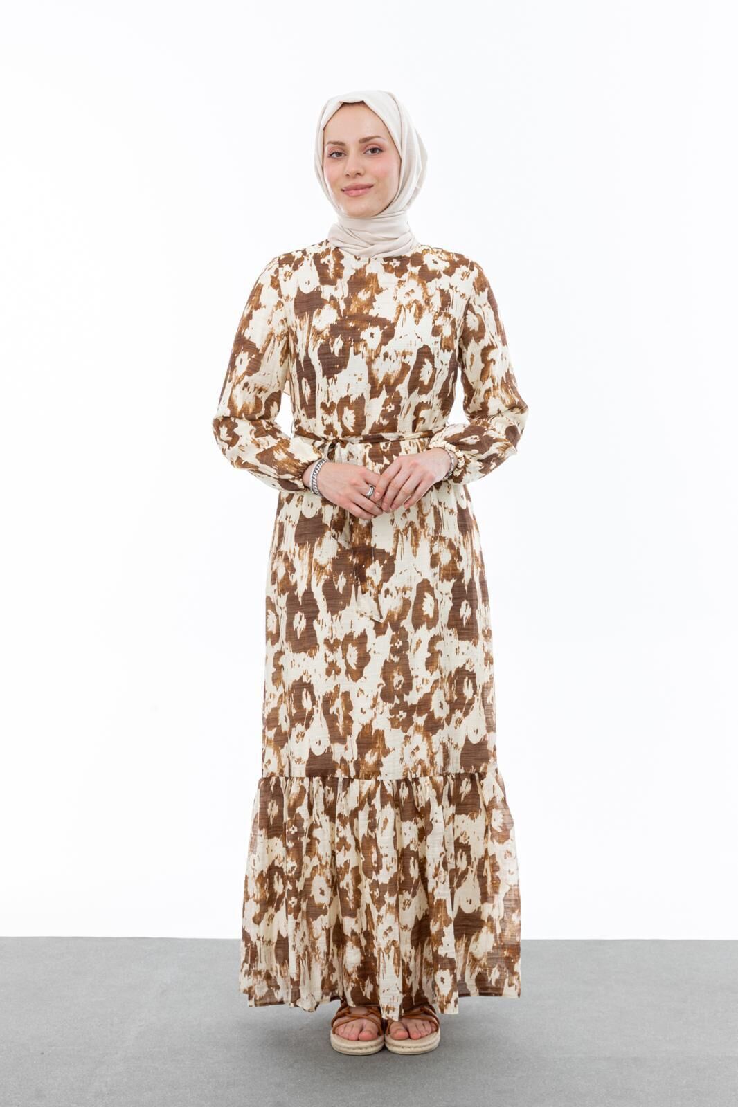 1001 SIFIR YAKA KOL UCU LASTİKLİ BELİ BAĞLAMALI ETEK UCU FIRFIR DETAYLI İÇİ ASTARLI DESENLİ ELBİSE