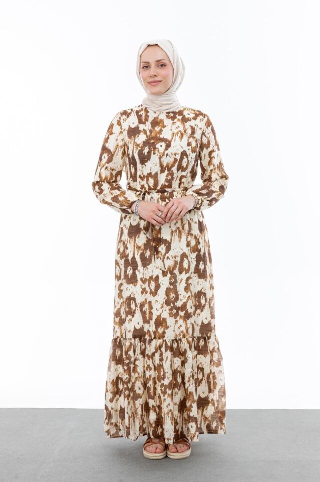 1001 SIFIR YAKA KOL UCU LASTİKLİ BELİ BAĞLAMALI ETEK UCU FIRFIR DETAYLI İÇİ ASTARLI DESENLİ ELBİSE