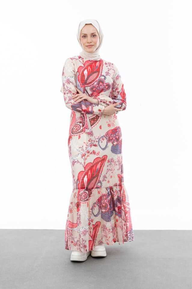 1001 SIFIR YAKA KOL UCU LASTİKLİ BELİ BAĞLAMALI ETEK UCU FIRFIR DETAYLI İÇİ ASTARLI DESENLİ ELBİSE