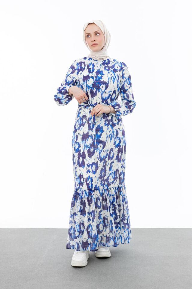 1001 SIFIR YAKA KOL UCU LASTİKLİ BELİ BAĞLAMALI ETEK UCU FIRFIR DETAYLI İÇİ ASTARLI DESENLİ ELBİSE