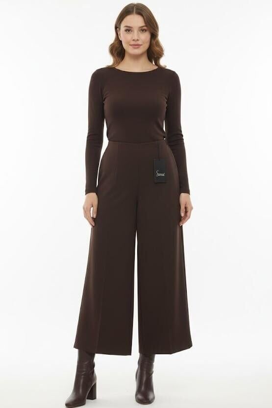 5386-1 BELİ YARIM LASTİKLİ YANDAN FERMUARLI ZARA MODEL BOL PAÇA PANTOLON #12-25# 46 - ACI KAHVE