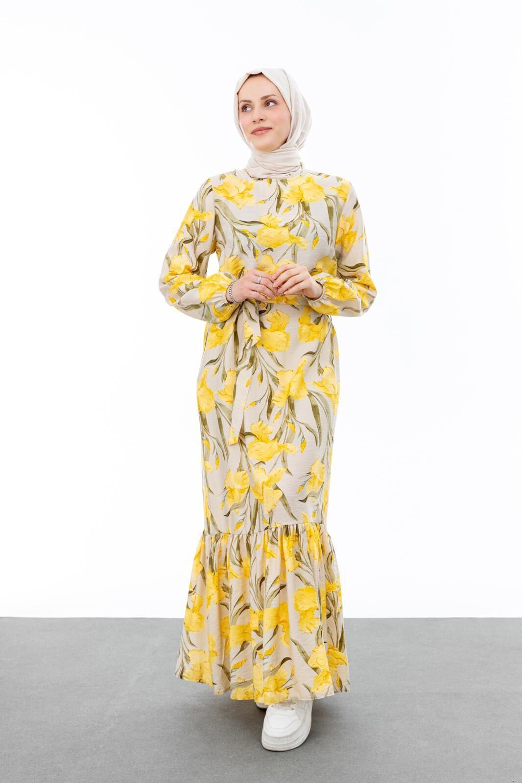 1003 SIFIR YAKA KOL UCU LASTİKLİ BELİ BAĞLAMALI ETEK UCU FIRFIR DETAYLI DESENLİ ELBİSE