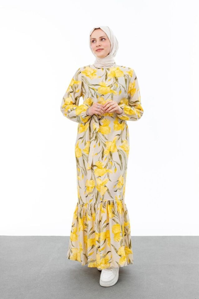 1003 SIFIR YAKA KOL UCU LASTİKLİ BELİ BAĞLAMALI ETEK UCU FIRFIR DETAYLI DESENLİ ELBİSE