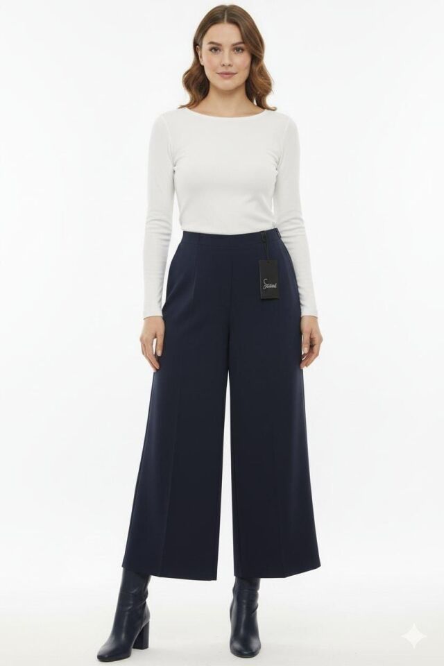 5386-1 BELİ YARIM LASTİKLİ YANDAN FERMUARLI ZARA MODEL BOL PAÇA PANTOLON #12-25# 38 - LACİVERT