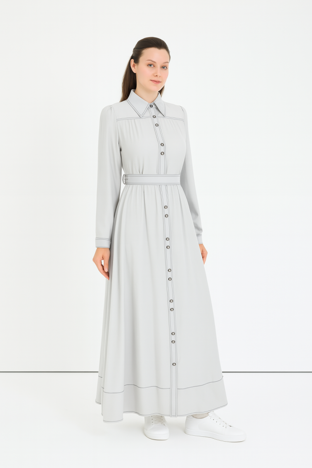 63029 GÖMLEK YAKA BOYDAN DÜĞMELİ KOLLARI MANŞETLİ BELİ BAĞLAMALI DİKİŞ GÖRÜNÜMLÜ ELBİSE #03-25#