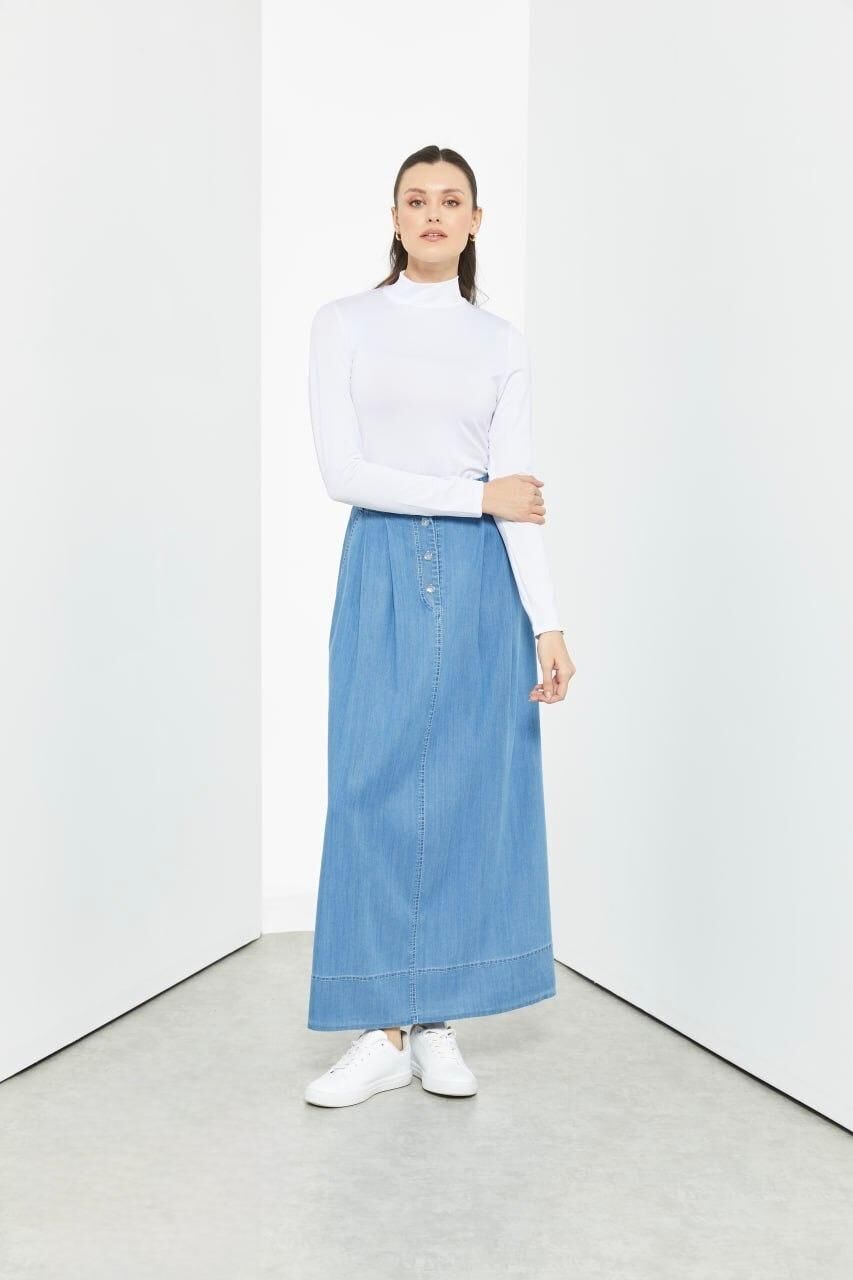 52003 ÖNÜ DÜĞMELİ CEP DETAYLI ÖNÜ BÜZGÜLÜ ETEK UCU DİKİŞ DETAYLI KOT ETEK #03-25#