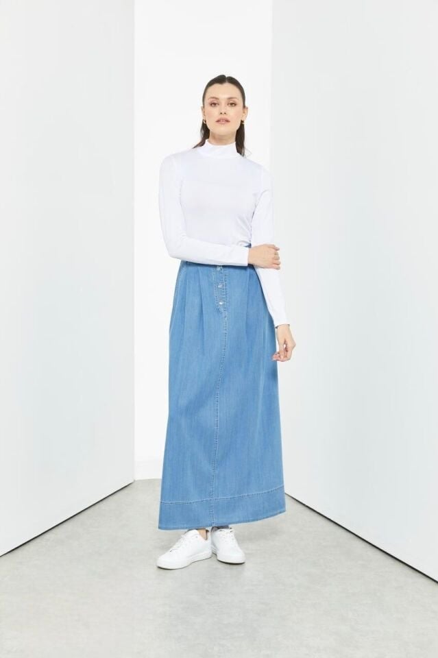 52003 ÖNÜ DÜĞMELİ CEP DETAYLI ÖNÜ BÜZGÜLÜ ETEK UCU DİKİŞ DETAYLI KOT ETEK #03-25#