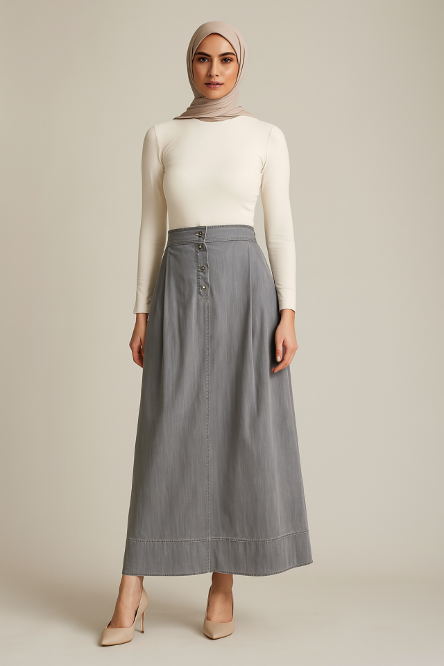 52003 ÖNÜ DÜĞMELİ CEP DETAYLI ÖNÜ BÜZGÜLÜ ETEK UCU DİKİŞ DETAYLI KOT ETEK #03-25#