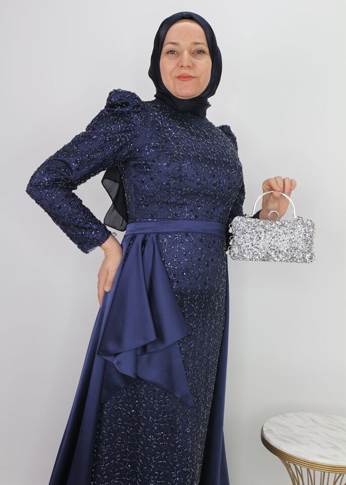 4408 ABİYE BOYDAN BONCUK VE PUL İŞLEMELİ BELİ PELERİLİ TASARIM MODEL ABİYE ELBİSE QYS ABİYE ELBİSE 4408 #24-053 38 - LACİVERT