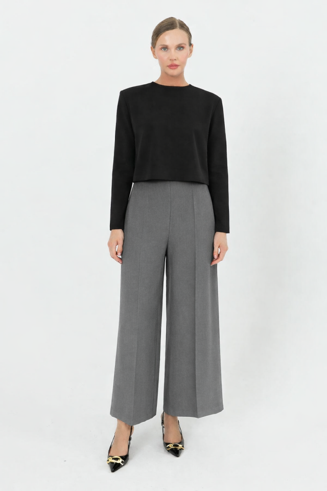 5386-1 BELİ YARIM LASTİKLİ YANDAN FERMUARLI ZARA MODEL BOL PAÇA PANTOLON #12-25# 46 - gri