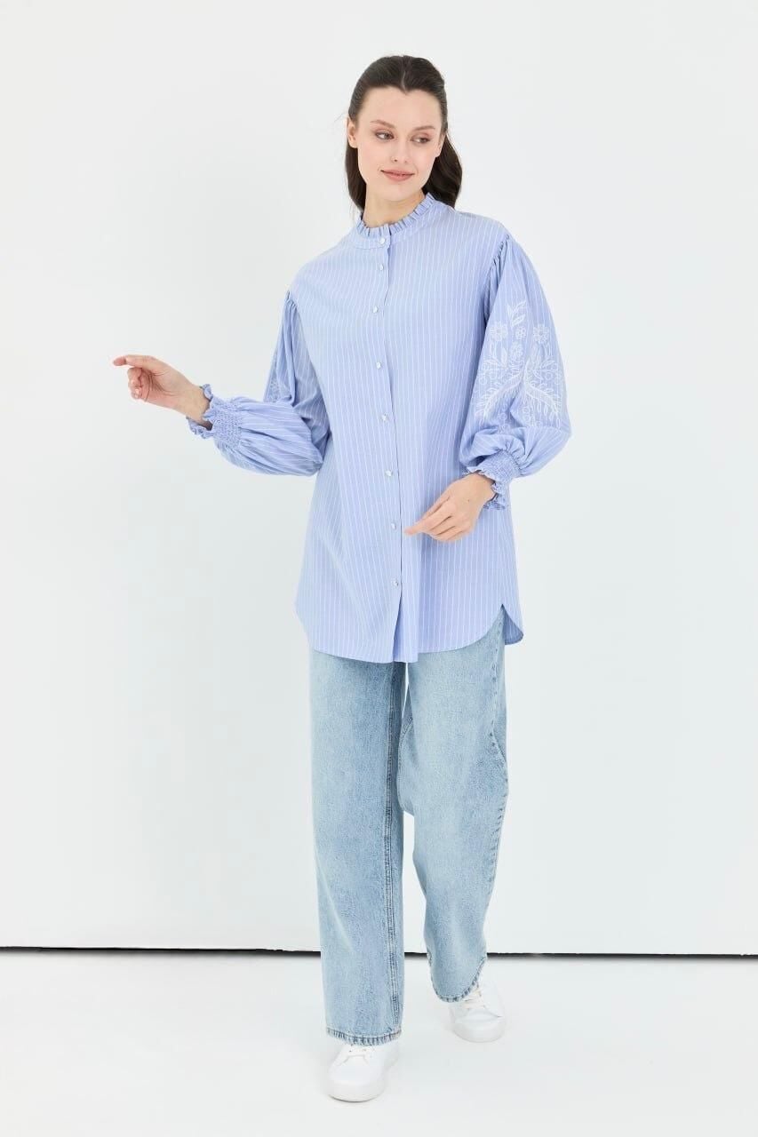 10203 ÖNÜ DÜĞMELİ KOL UCU LASTİKLİ BALON KOL İPLİK BASKILI SPOR TUNİK #04-25#