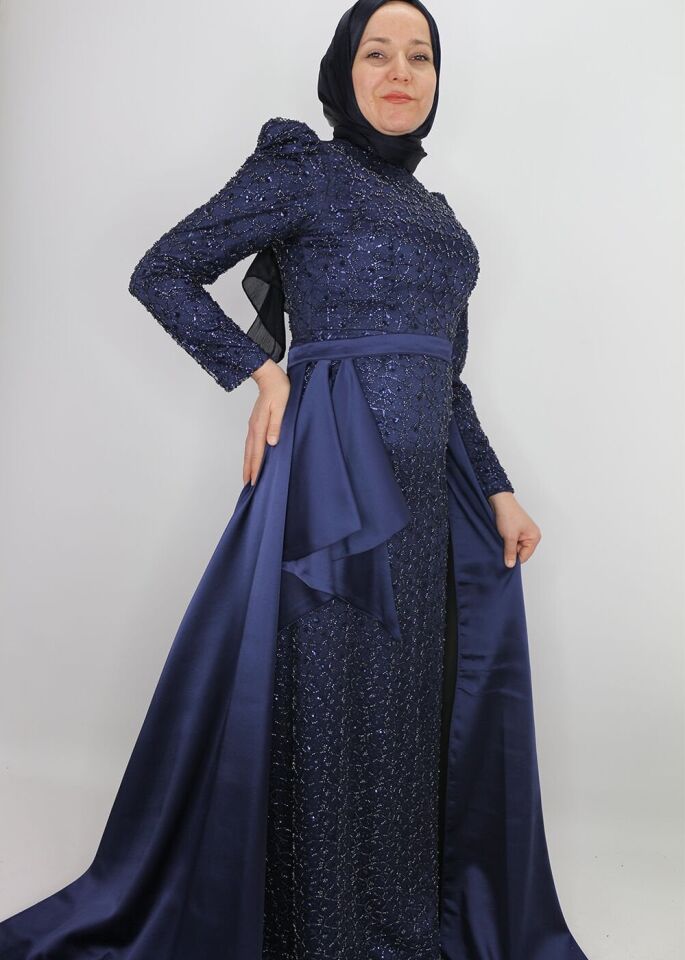 4408 ABİYE BOYDAN BONCUK VE PUL İŞLEMELİ BELİ PELERİLİ TASARIM MODEL ABİYE ELBİSE QYS ABİYE ELBİSE 4408 #24-053 48 - LACİVERT