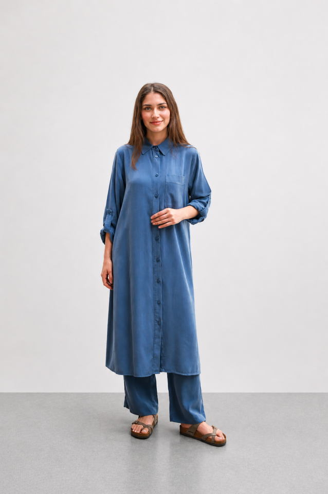 10571ÖNDEN DÜĞMELİ GÖGSÜ CEPLİ PANTALON BELİ LASTİKLİ KETEN SOR TAKIM#26# 40 - İndigo