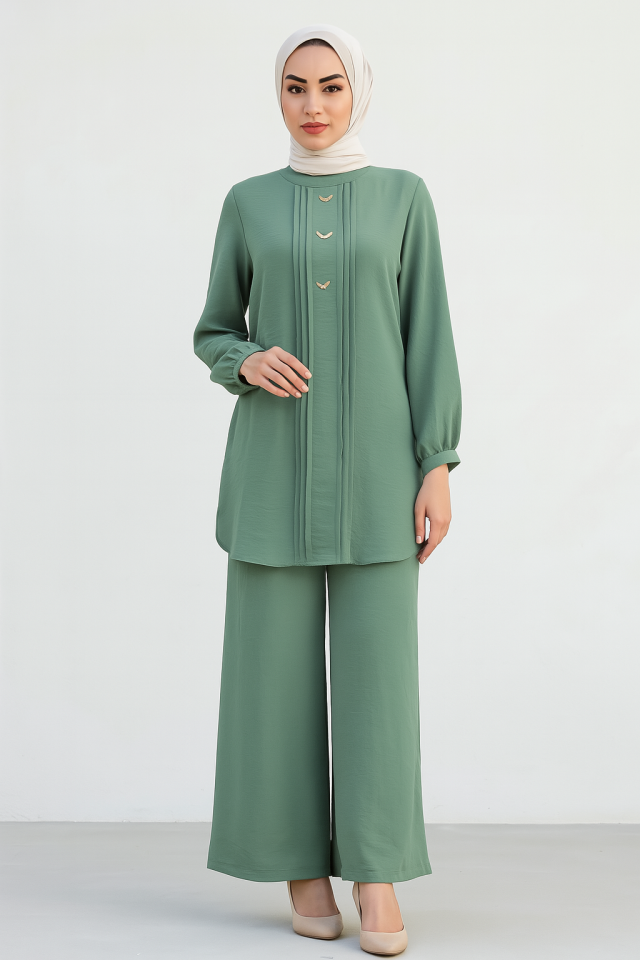 56128 ÖNÜ PİLİSE DETAYLI KOL UCU MANŞETLİ SIFIR YAKA AEROBİN TAKIM #04-25#