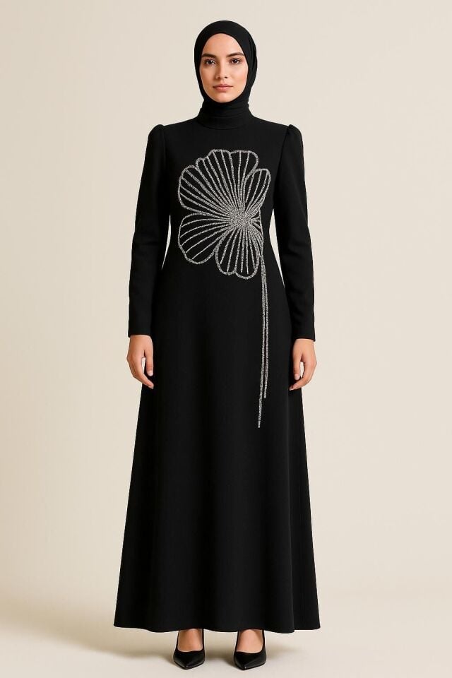 2897 ÖNÜ ÇİÇEK DESENLİ ASTARLI KLOŞ ABİYE #02-25#