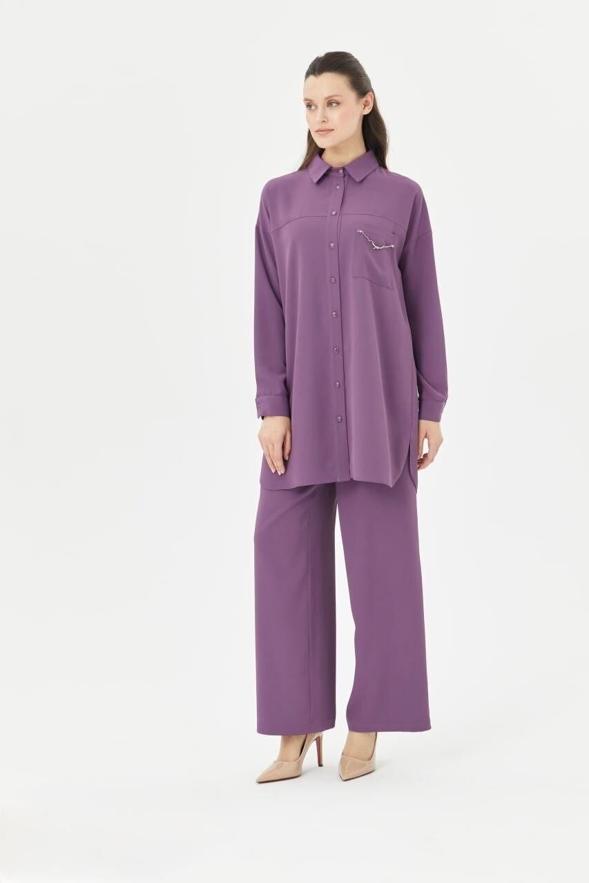 56123 ÖNÜ DÜĞMELİ GÖMLEK YAKA CEBİ ZİNCİRLİ KOL UCU MANŞETLİ KREP TAKIM #04-25#