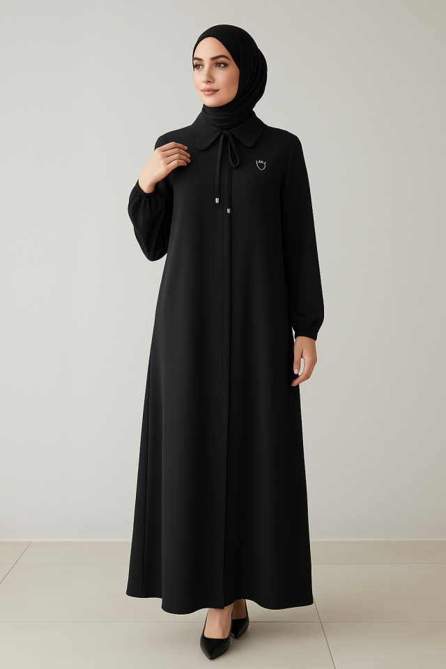 55006 ÖNDEN GİZLİ DÜĞMELİ KOL UCU LASTİKLİ A KESİM KREP KUMAŞ FERACE #04-25#