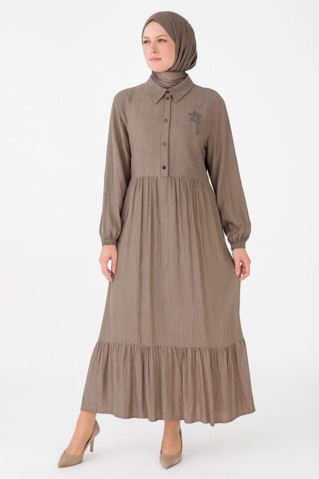 2123 ÖNÜ YARIM DÜĞMELİ KOL UCU LASTİKLİ BELİ KEMERLİ YILDIZ ARMALI ELBİSE #03-25#