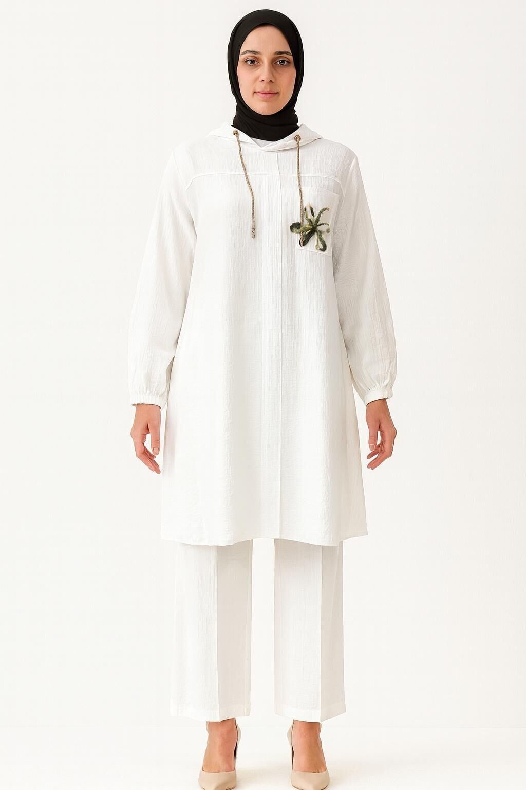 2045 KAPİŞONLU KOL UCU LASTİKLİ GÖĞSÜ ÇİÇEK DETAYLI PANTOLONUN BELİ LASTİKLİ SPOR İKİLİ TAKIM #04-25#