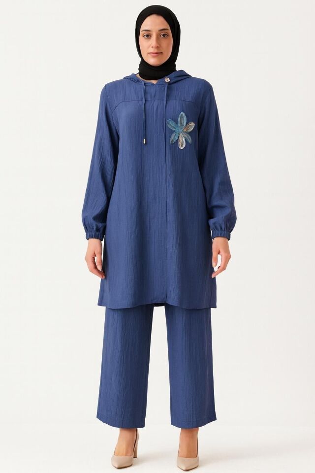 2045 KAPİŞONLU KOL UCU LASTİKLİ GÖĞSÜ ÇİÇEK DETAYLI PANTOLONUN BELİ LASTİKLİ SPOR İKİLİ TAKIM #04-25#