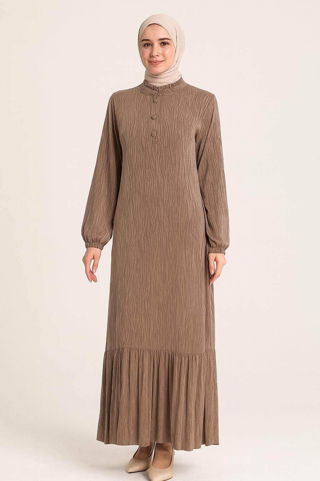 5015 KUPRA ELBİSE ÖNÜ YARIM DÜĞMELİ KOL UCU LASTİKLİ ALT KISIM FIRFIR DETAYLI KUPRA ELBİSE #04-25#