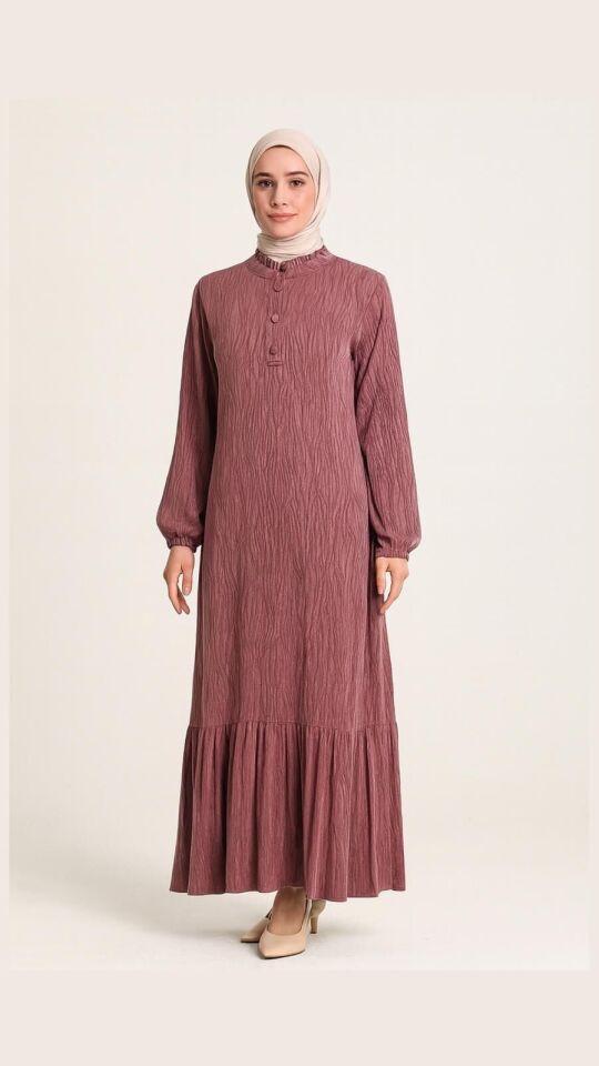 5015 KUPRA ELBİSE ÖNÜ YARIM DÜĞMELİ KOL UCU LASTİKLİ ALT KISIM FIRFIR DETAYLI KUPRA ELBİSE #04-25#