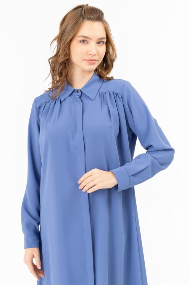 2098 GÖMLEK YAKA ÖNDEN GİZLİ DÜĞMELİ GÖĞÜSTEN ROBA DETAYLI GÖMLEK TUNİK #05-25#