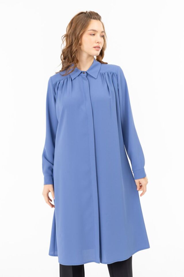 2098 GÖMLEK YAKA ÖNDEN GİZLİ DÜĞMELİ GÖĞÜSTEN ROBA DETAYLI GÖMLEK TUNİK #05-25#