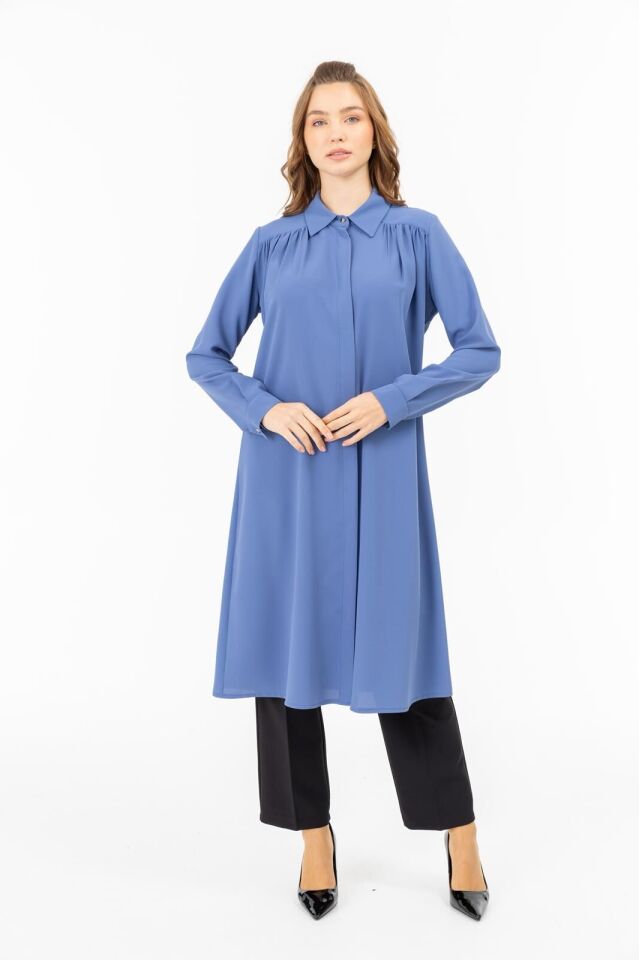 2098 GÖMLEK YAKA ÖNDEN GİZLİ DÜĞMELİ GÖĞÜSTEN ROBA DETAYLI GÖMLEK TUNİK #05-25#