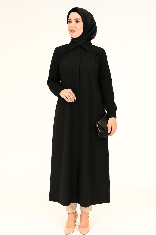 2098 GÖMLEK YAKA ÖNDEN GİZLİ DÜĞMELİ GÖĞÜSTEN ROBA DETAYLI GÖMLEK TUNİK #05-25#